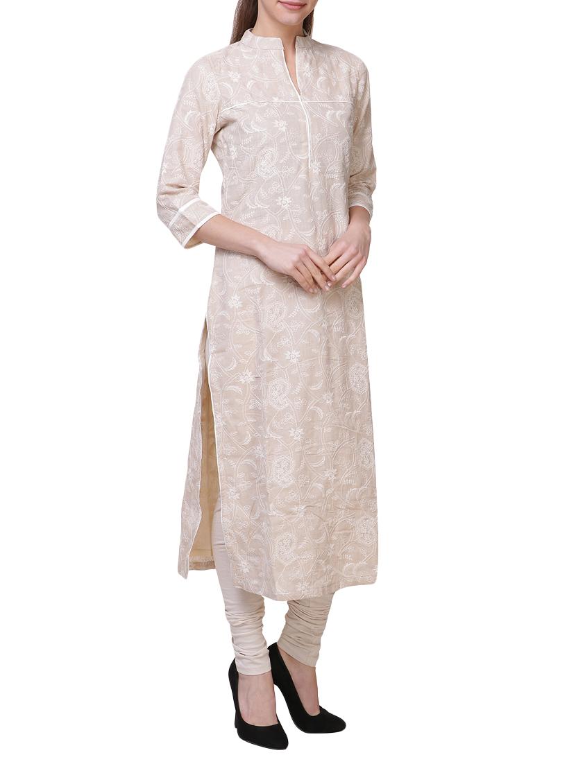 beige khadi straight kurta - 14705034 - Zoom Image - 2