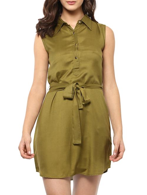 lace yoke belted shirt collar dress - 14710167 - Standard Image - 1