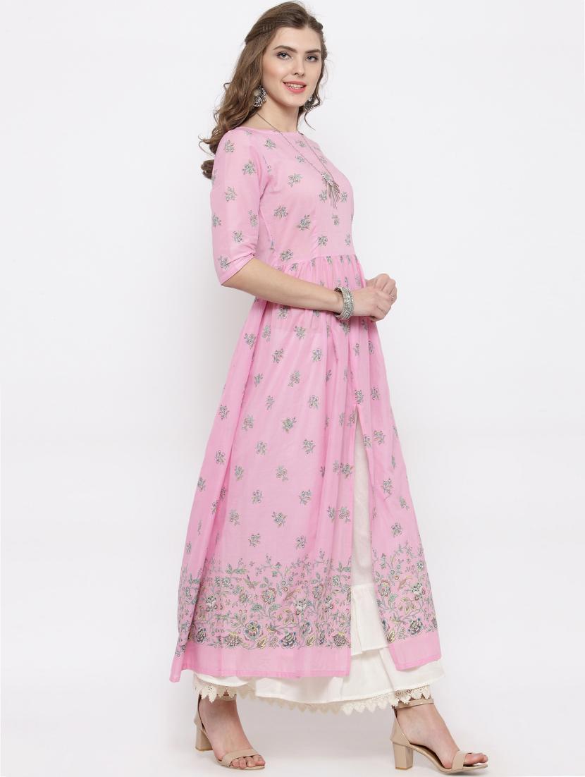 pink cotton high-slit kurta - 14712663 - Zoom Image - 2