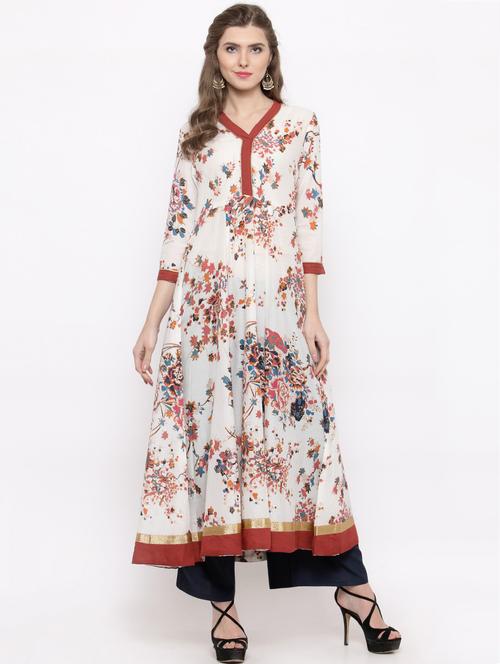 white cotton flared kurta - 14712670 - Standard Image - 1