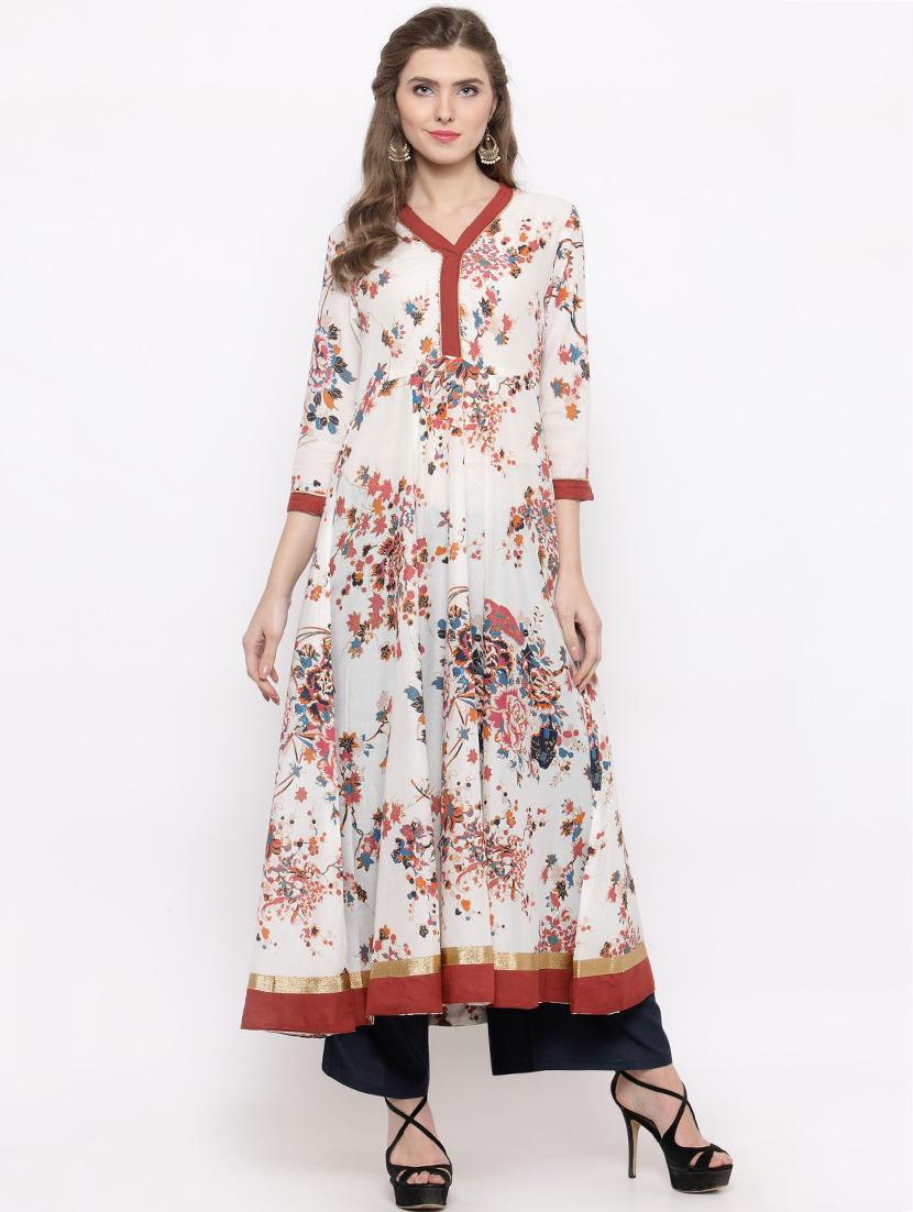 white cotton flared kurta - 14712670 - Zoom Image - 1
