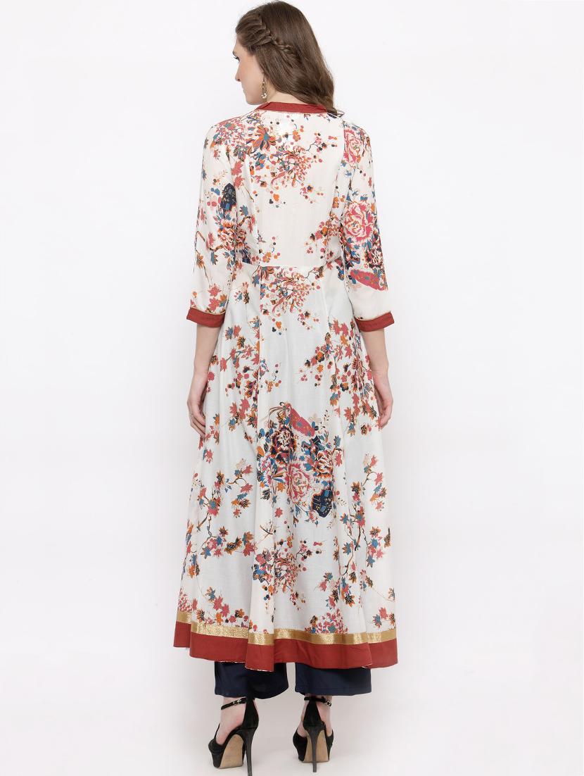 white cotton flared kurta - 14712670 - Zoom Image - 3