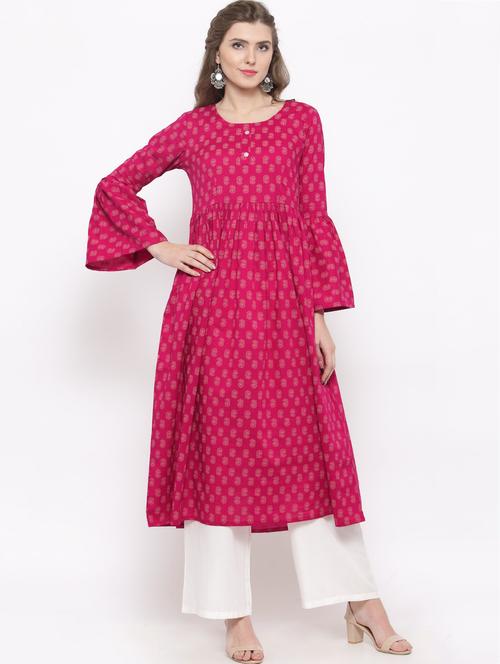 pink cotton flared kurta - 14712690 - Standard Image - 1