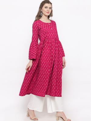 pink cotton flared kurta - 14712690 - Standard Image - 2