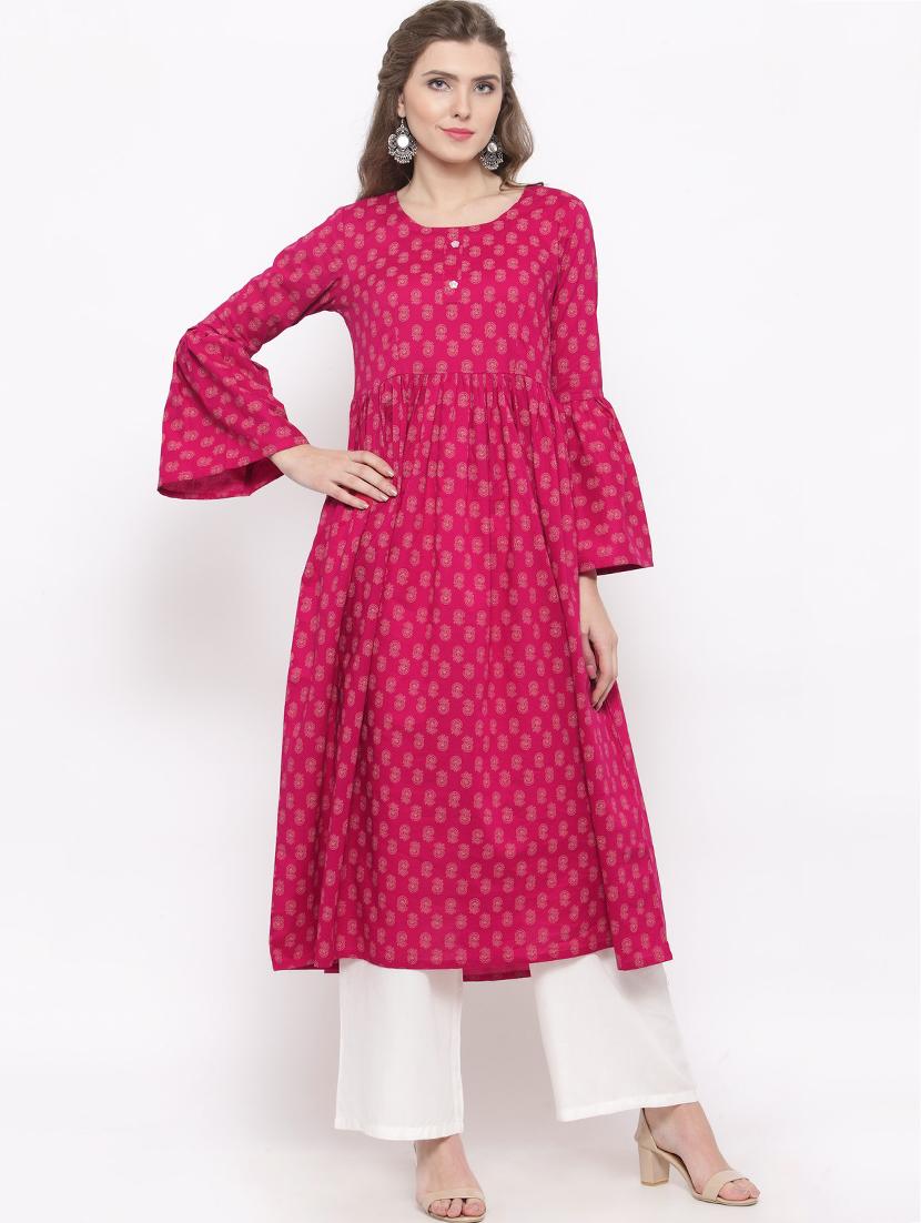 pink cotton flared kurta - 14712690 - Zoom Image - 1