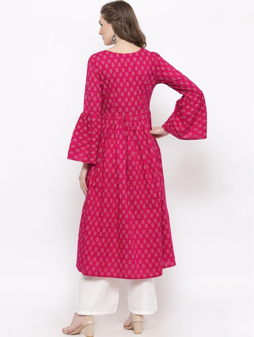 pink cotton flared kurta - 14712690 - Zoom Image - 3