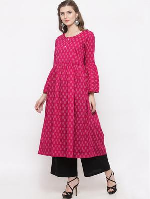 pink cotton flared kurta - 14712694 - Standard Image - 2