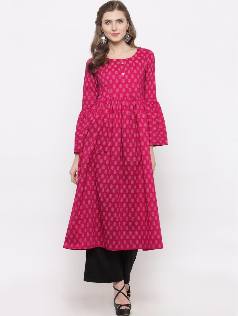 pink cotton flared kurta - 14712694 - Zoom Image - 1