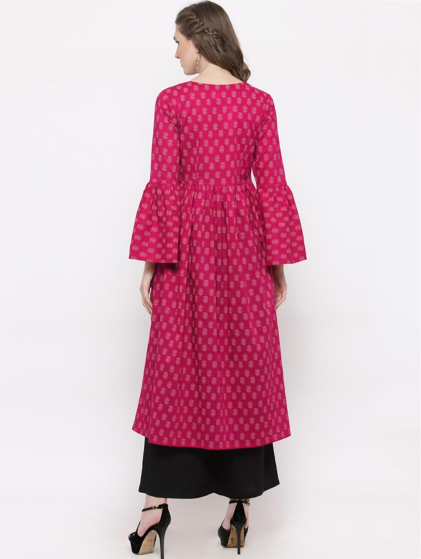 pink cotton flared kurta - 14712694 - Zoom Image - 3