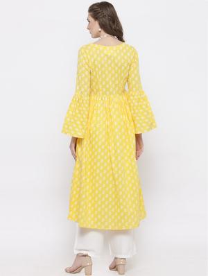 yellow cotton flared kurta - 14712695 - Standard Image - 3