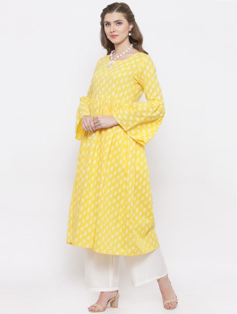yellow cotton flared kurta - 14712695 - Zoom Image - 2