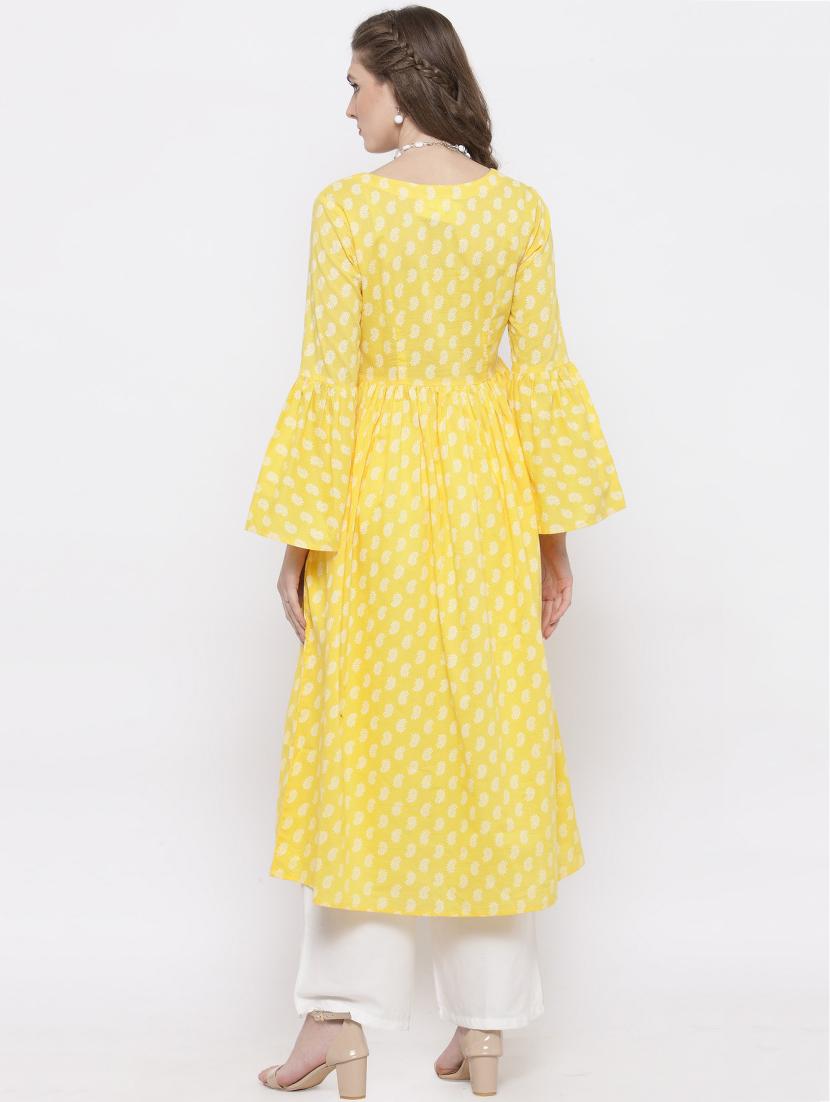 yellow cotton flared kurta - 14712695 - Zoom Image - 3