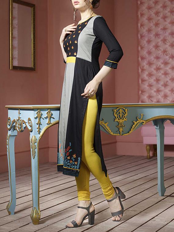 black rayon straight kurta - 14715139 - Zoom Image - 2