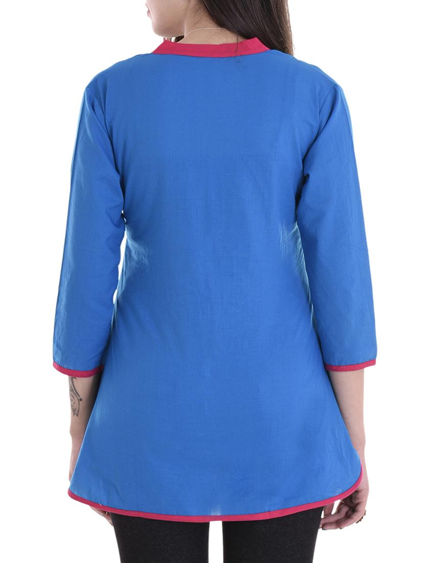 blue cotton straight kurti - 14717051 - Zoom Image - 3