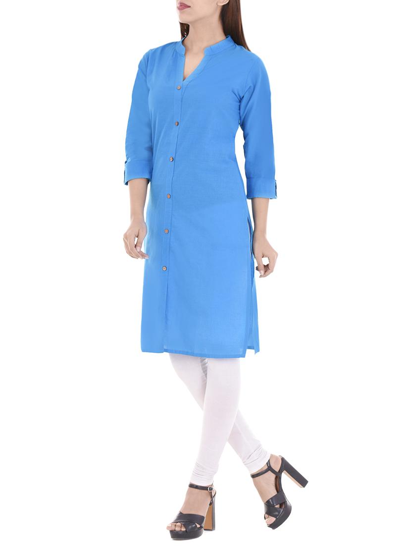 blue cotton straight kurta - 14717064 - Zoom Image - 2