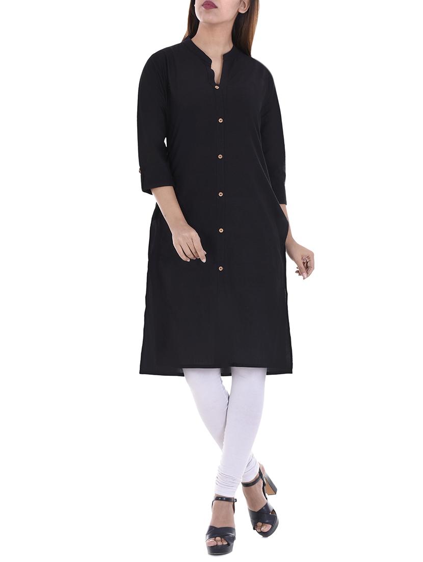 black cotton straight kurta - 14717065 - Zoom Image - 1