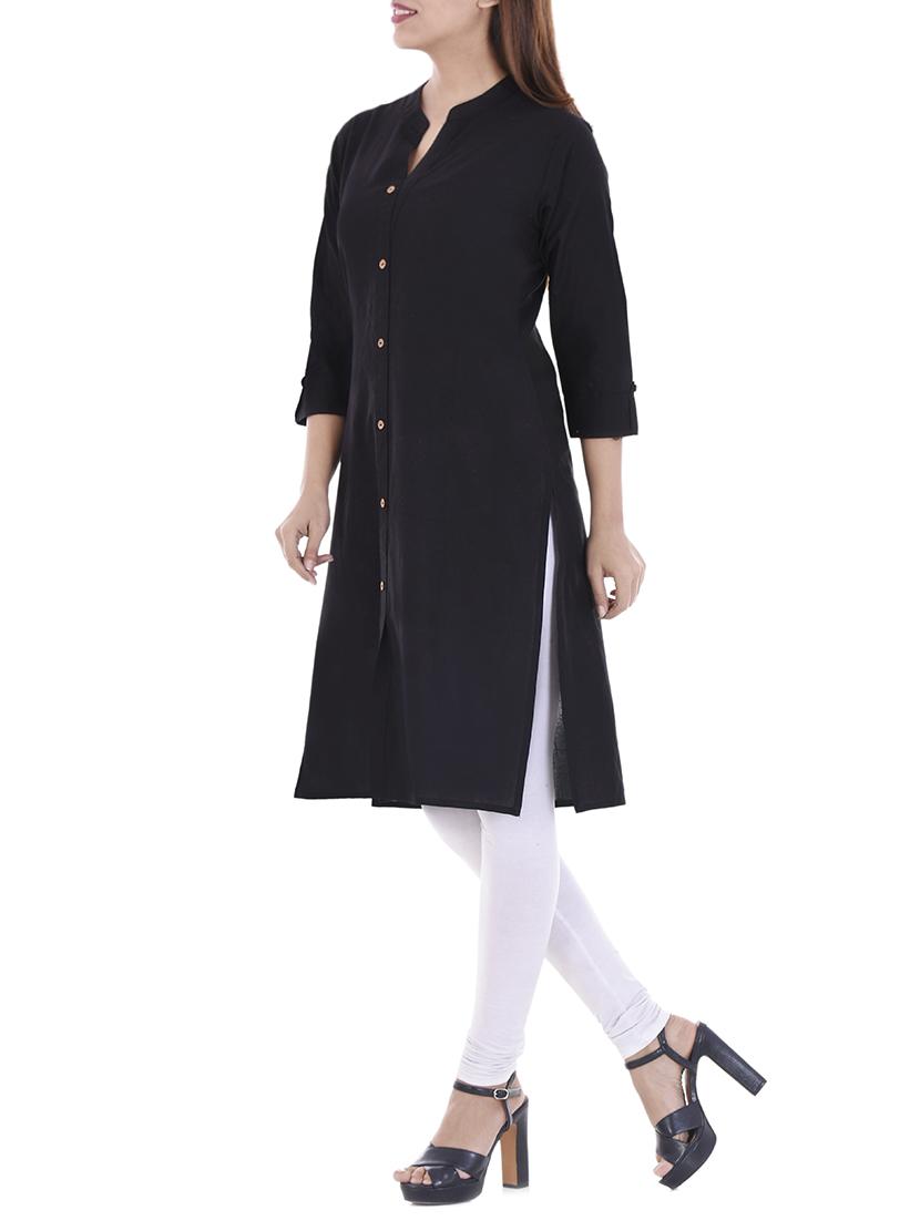 black cotton straight kurta - 14717065 - Zoom Image - 2