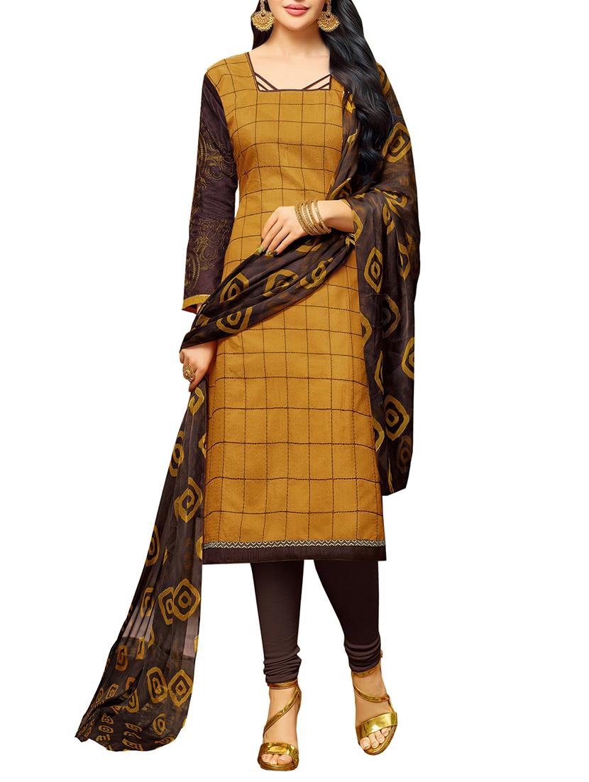mustard chanderi cotton embroidered unstitched suit - 14722751 - Zoom Image - 1