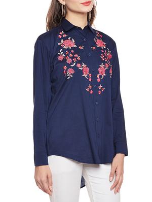 navy blue rayon floral embroidered tunic - 14734198 - Standard Image - 2