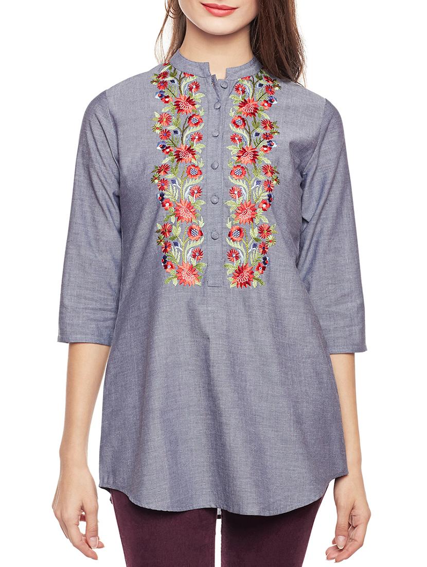 grey rayon embroidered tunic - 14734203 - Zoom Image - 1