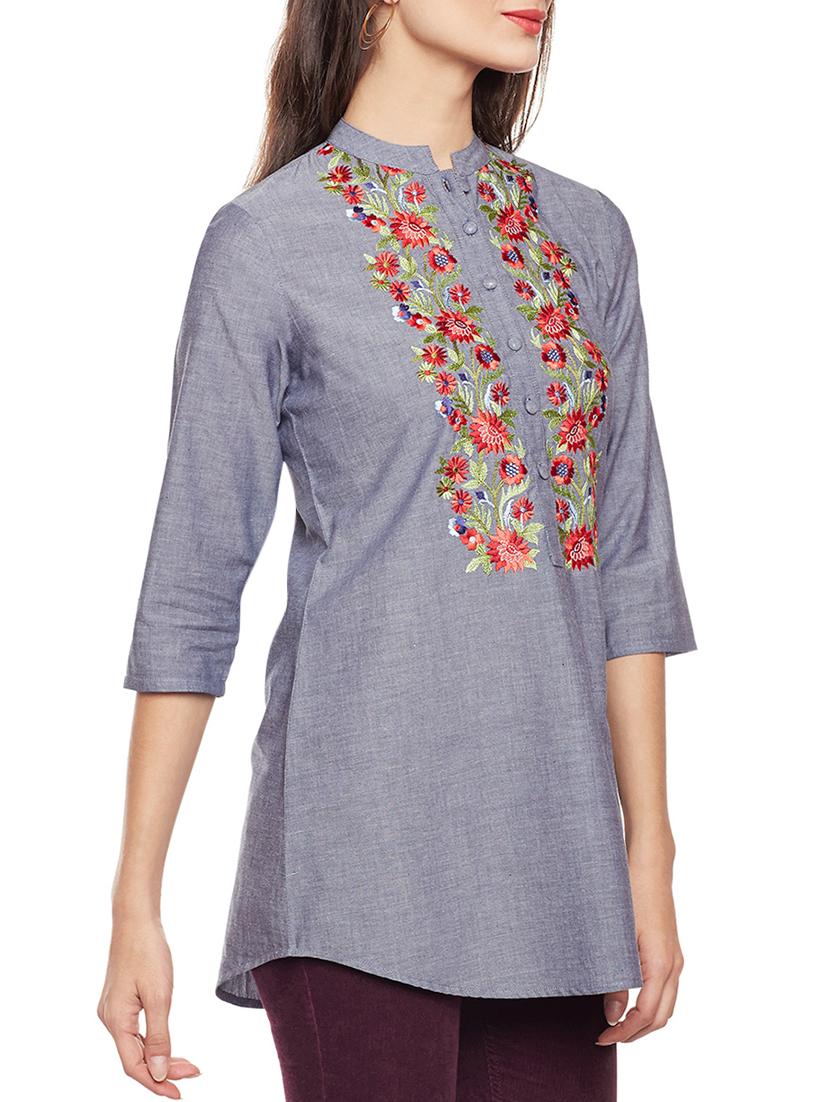 grey rayon embroidered tunic - 14734203 - Zoom Image - 2