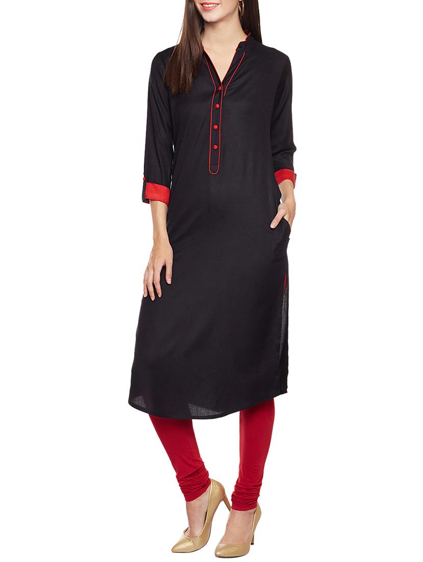 black rayon straight kurta - 14734206 - Zoom Image - 2