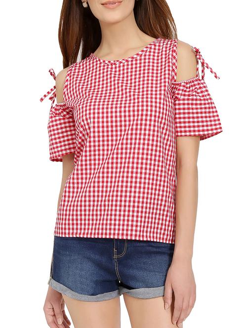 cold shoulder checkered top - 14736796 - Standard Image - 1