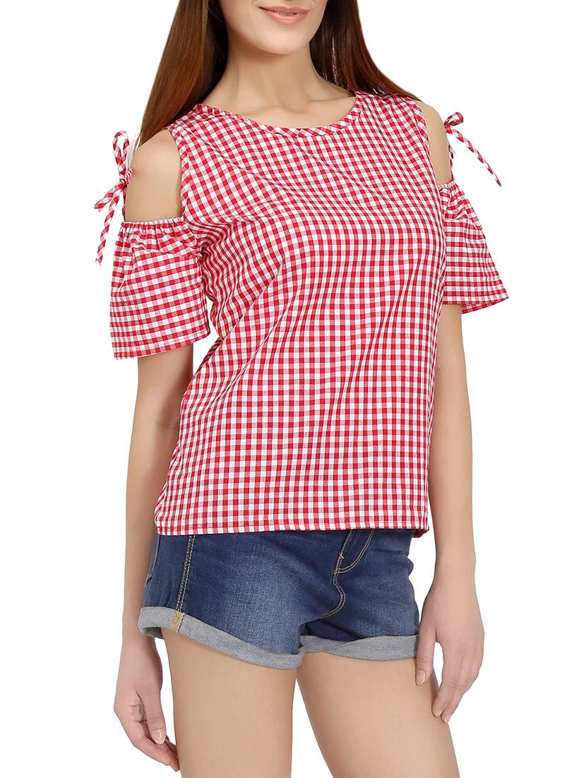 cold shoulder checkered top - 14736796 - Zoom Image - 2