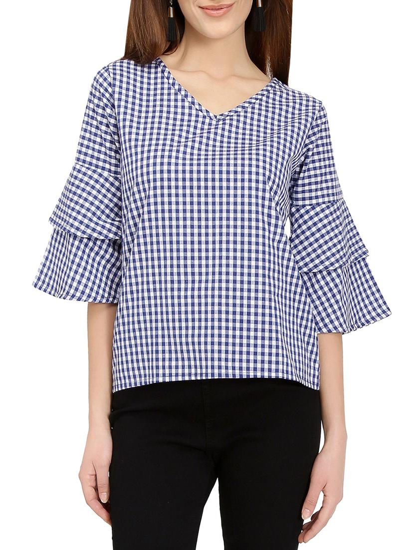 v-neck bell sleeved gingham top - 14736800 - Zoom Image - 1
