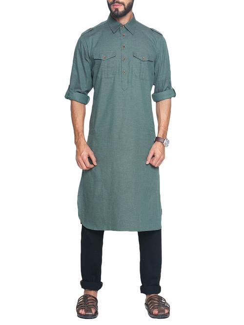 green cotton pathani kurta - 14742766 - Standard Image - 1