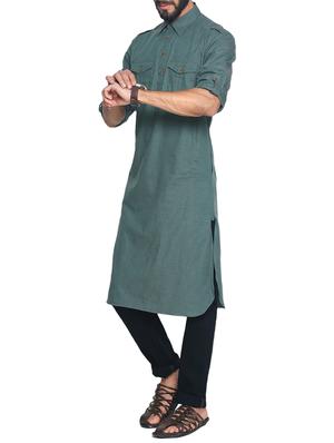 green cotton pathani kurta - 14742766 - Standard Image - 2