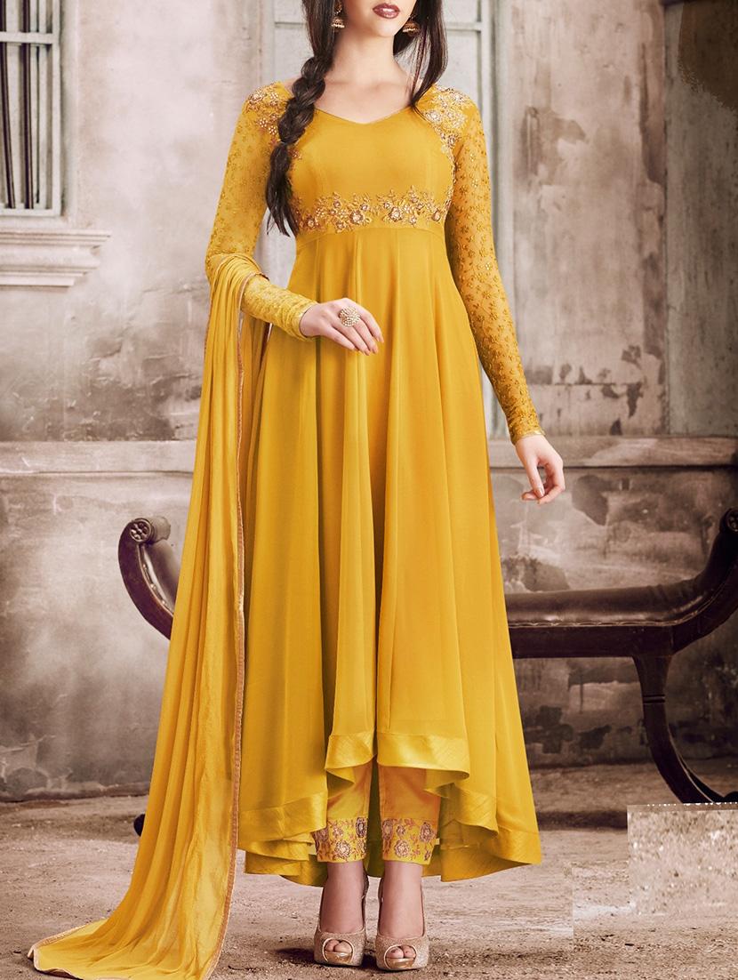 embroidered semi-stitched asymmetric suit - 14749074 - Zoom Image - 1