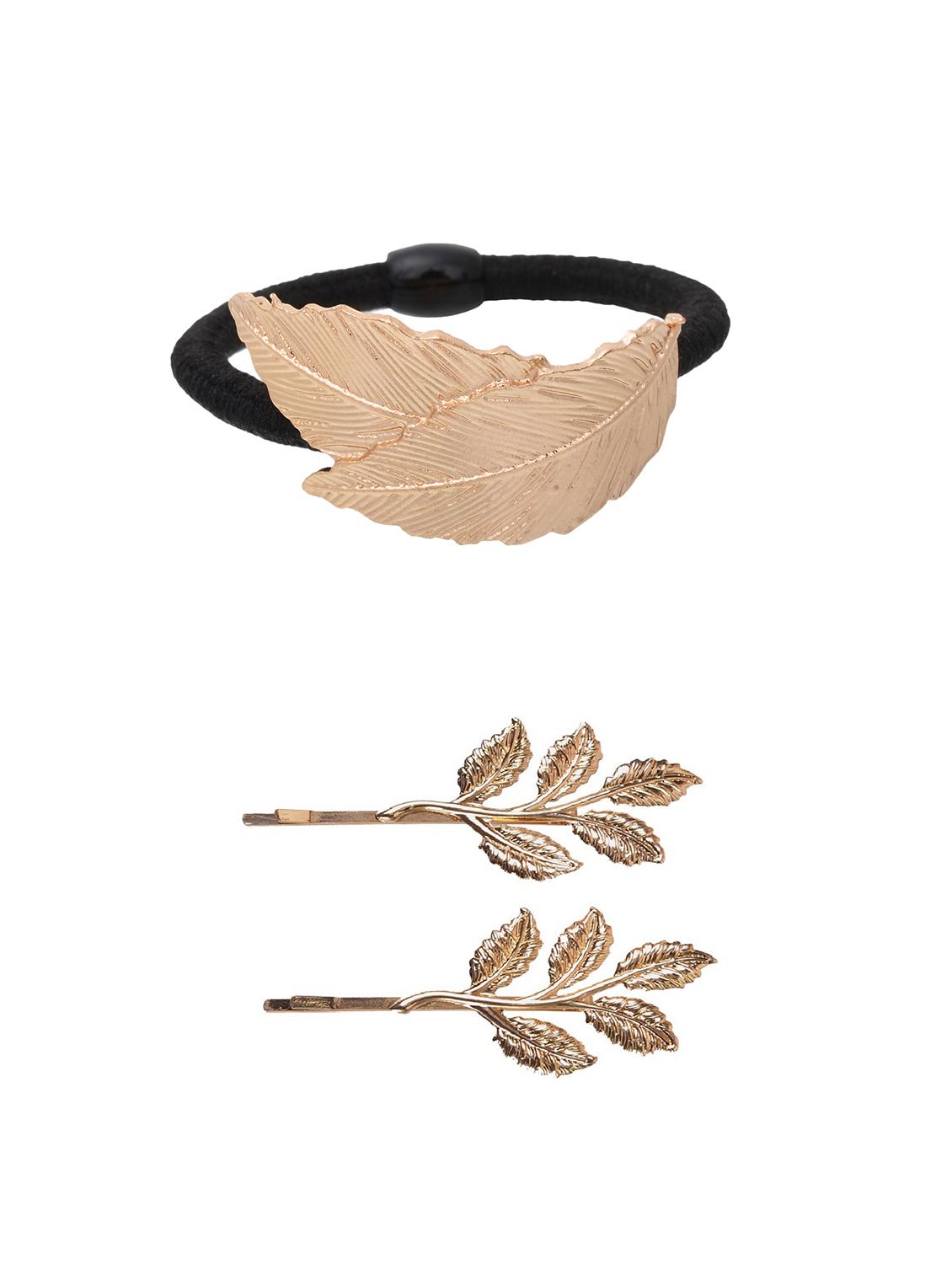 aaishwarya golden leaf motif hair tie & hairclips/pins combo - 14749170 - Zoom Image - 1
