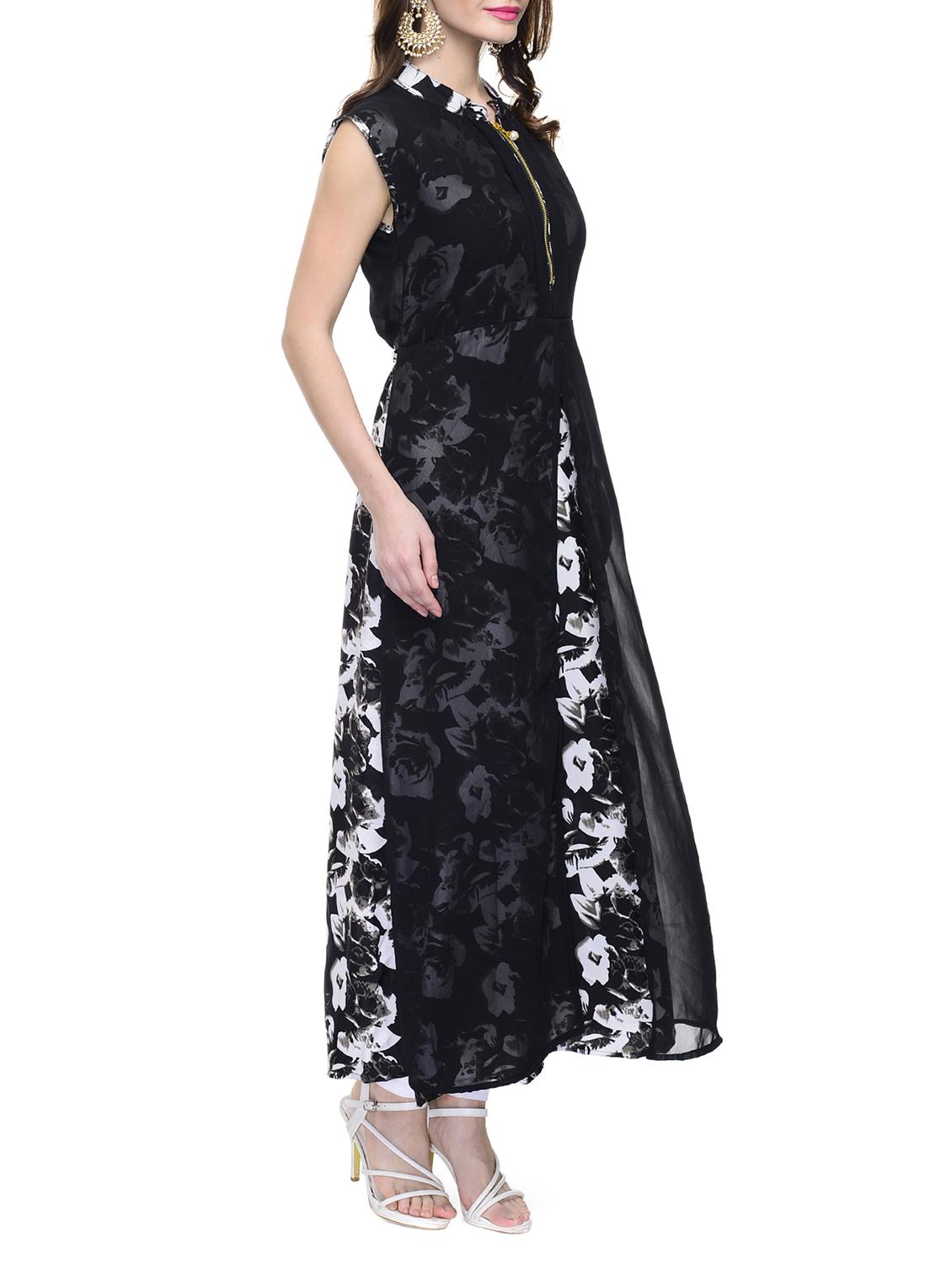 black poly georgette layered kurta - 14755740 - Zoom Image - 2
