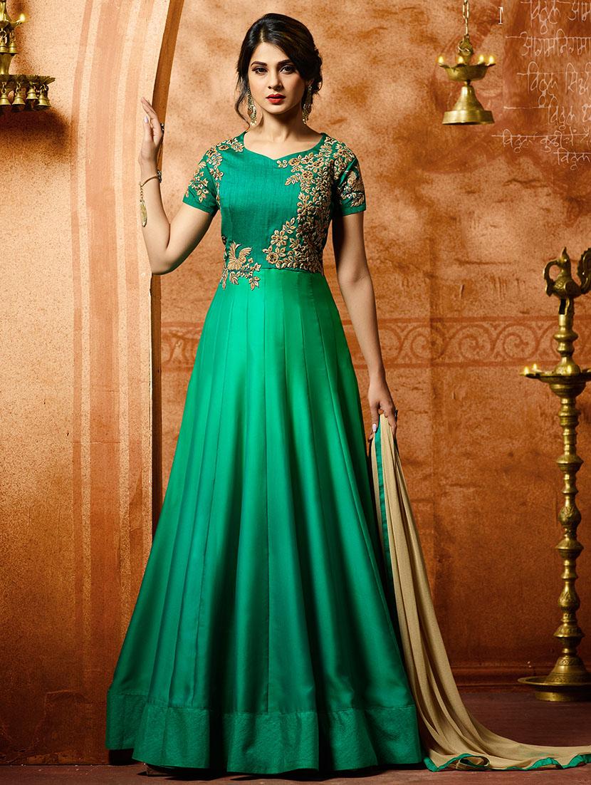 green poly silk semi-stitched anarkali suit