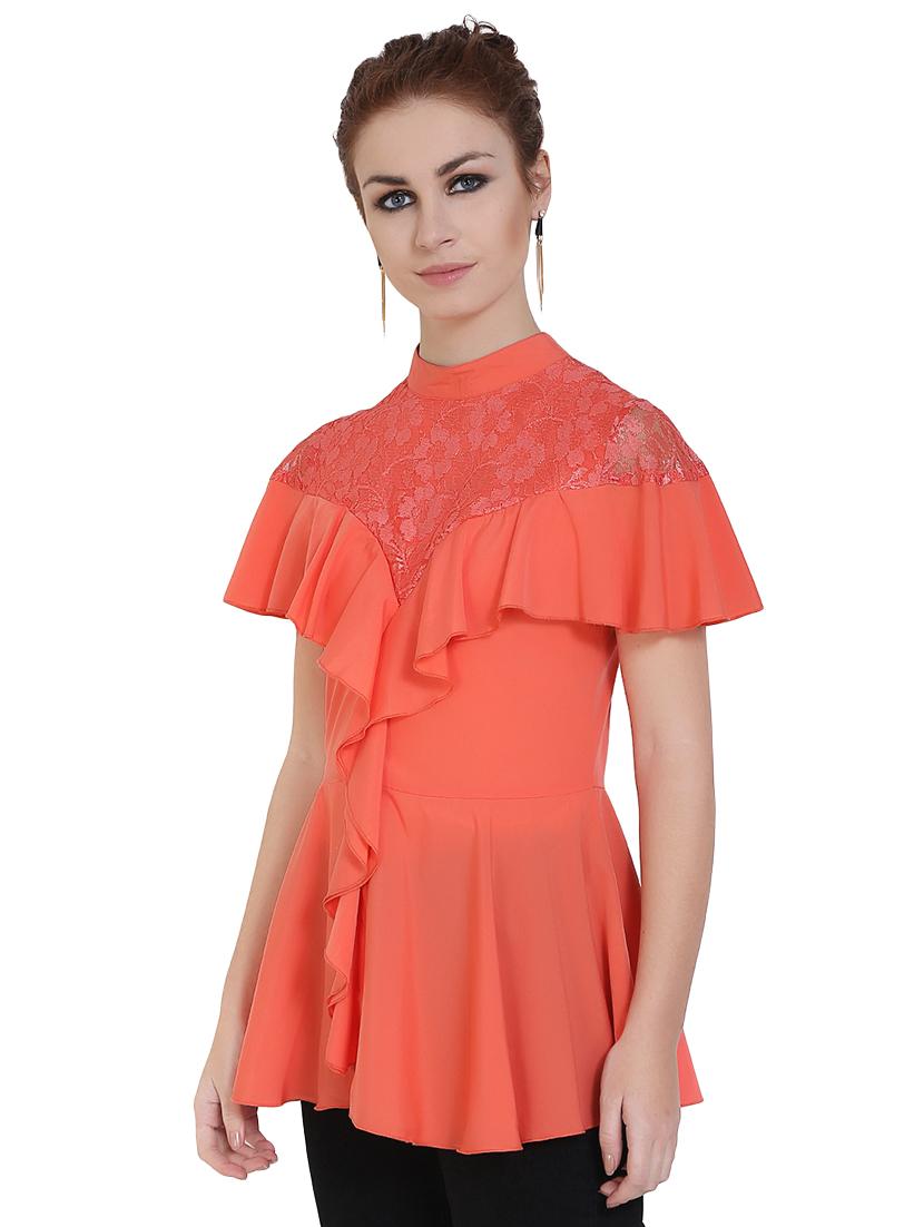 lace paneled overlay ruffled top - 14769450 - Zoom Image - 2
