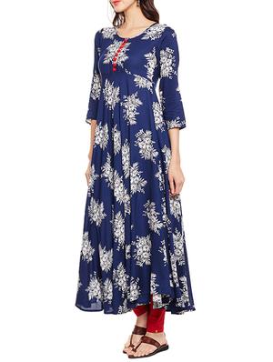indigo floral flared kurta - 14774910 - Standard Image - 2