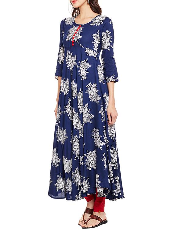 indigo floral flared kurta - 14774910 - Zoom Image - 2