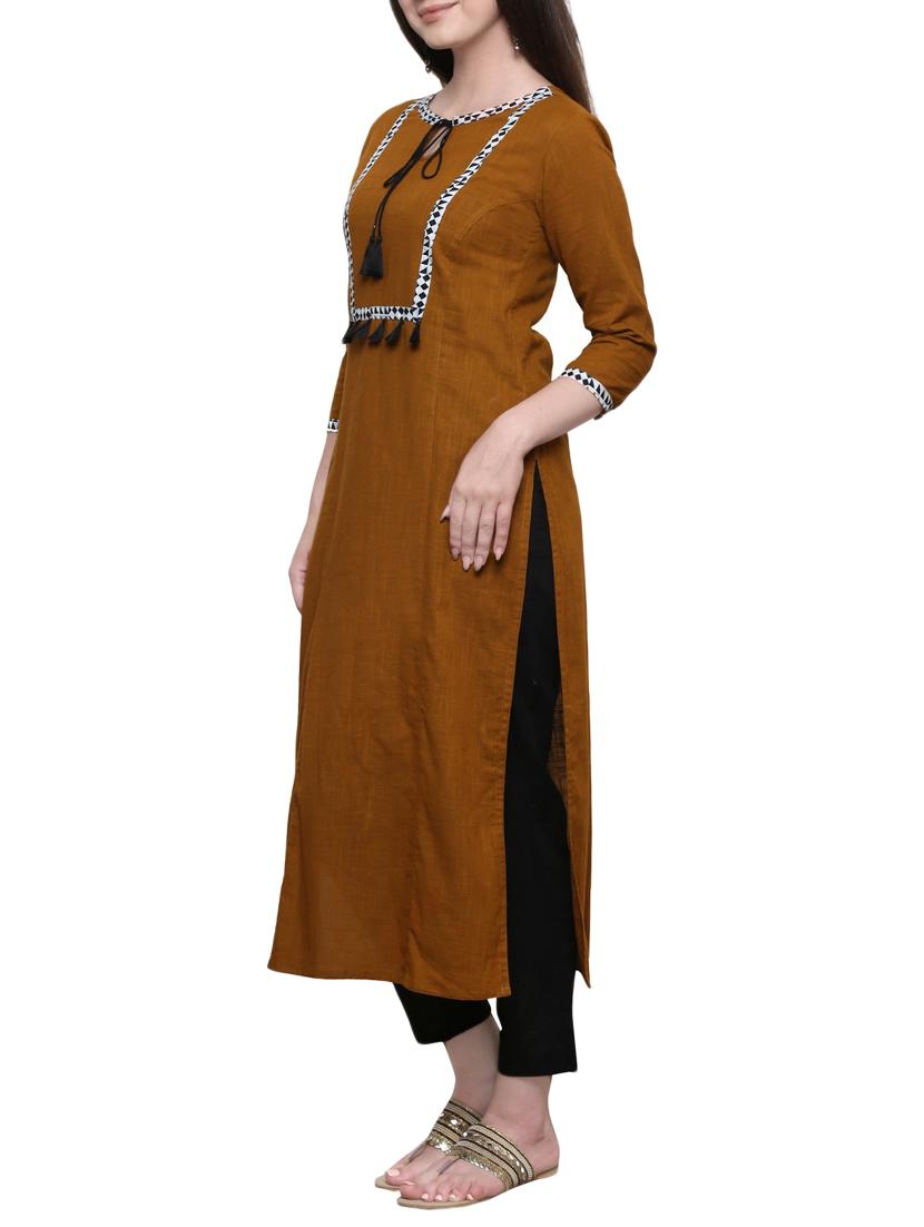 brown cotton straight kurta - 14779720 - Zoom Image - 2