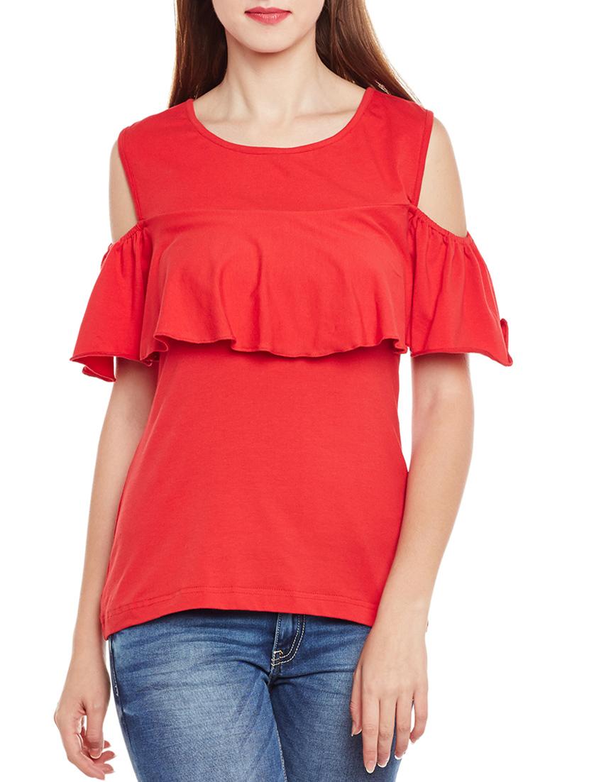 red poly jersey ruffled top - 14780085 - Zoom Image - 1