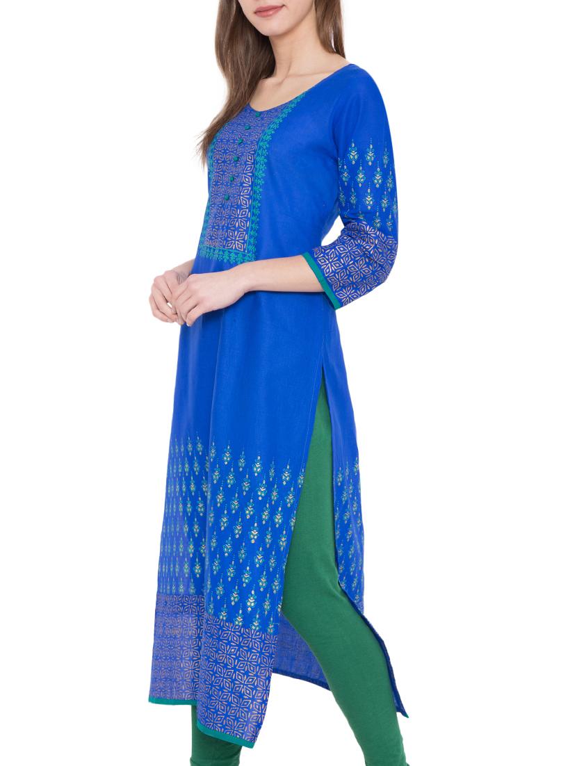 blue cotton straight kurta - 14782655 - Zoom Image - 2