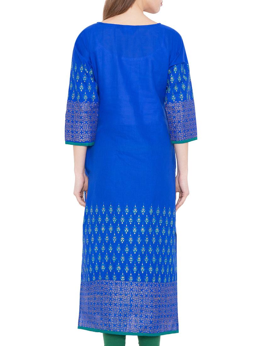 blue cotton straight kurta - 14782655 - Zoom Image - 3