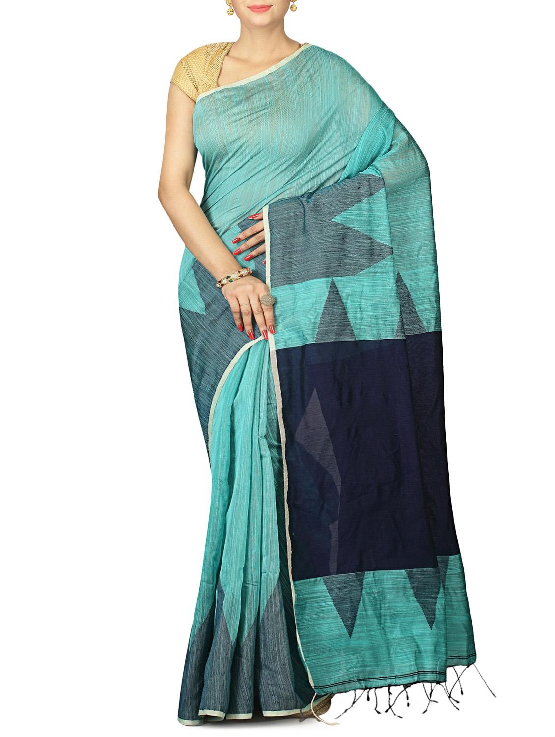 turquoise jute woven saree with blouse - 14784375 - Zoom Image - 1