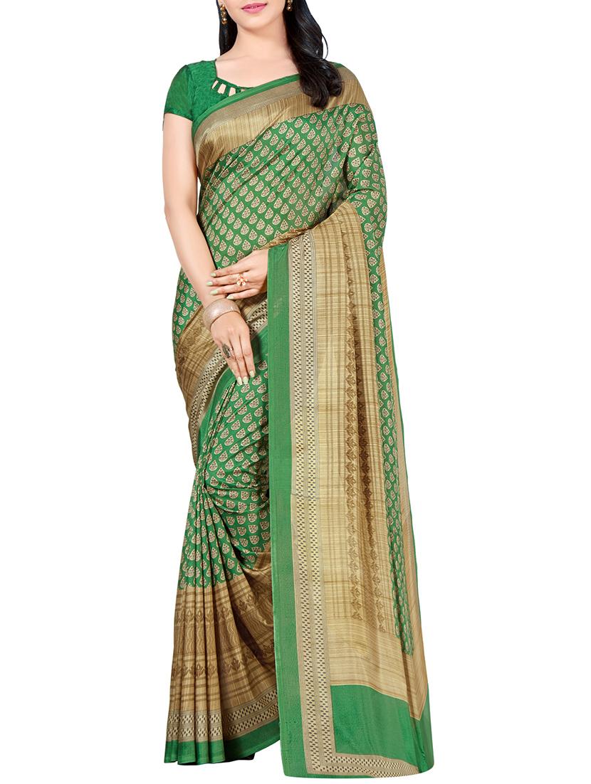 green silk blend mysore saree with blouse - 14786135 - Zoom Image - 1