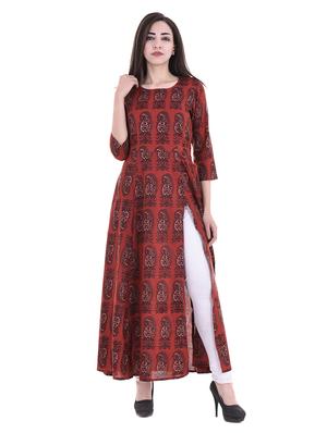 maroon rayon high slit kurta - 14787870 - Standard Image - 1