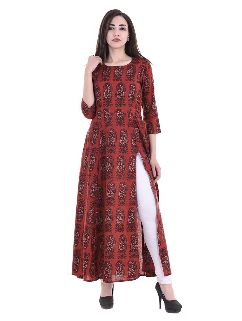 maroon rayon high slit kurta - 14787870 - Zoom Image - 1