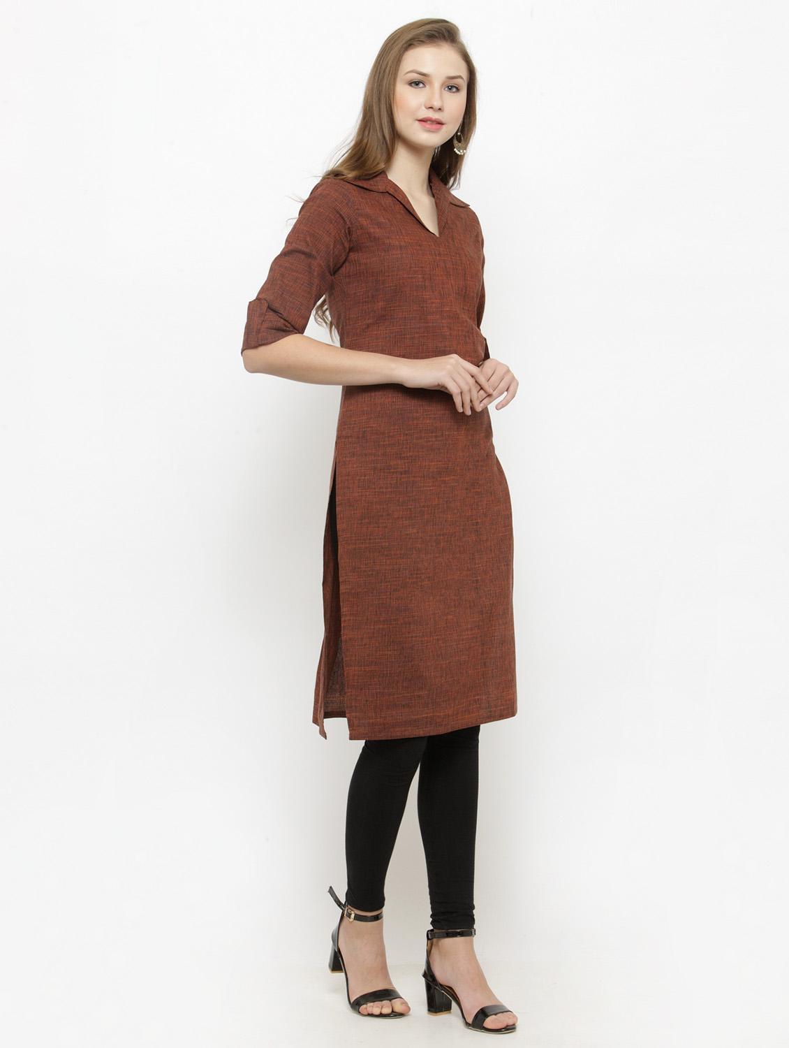 brown cotton straight kurta - 14789440 - Zoom Image - 2