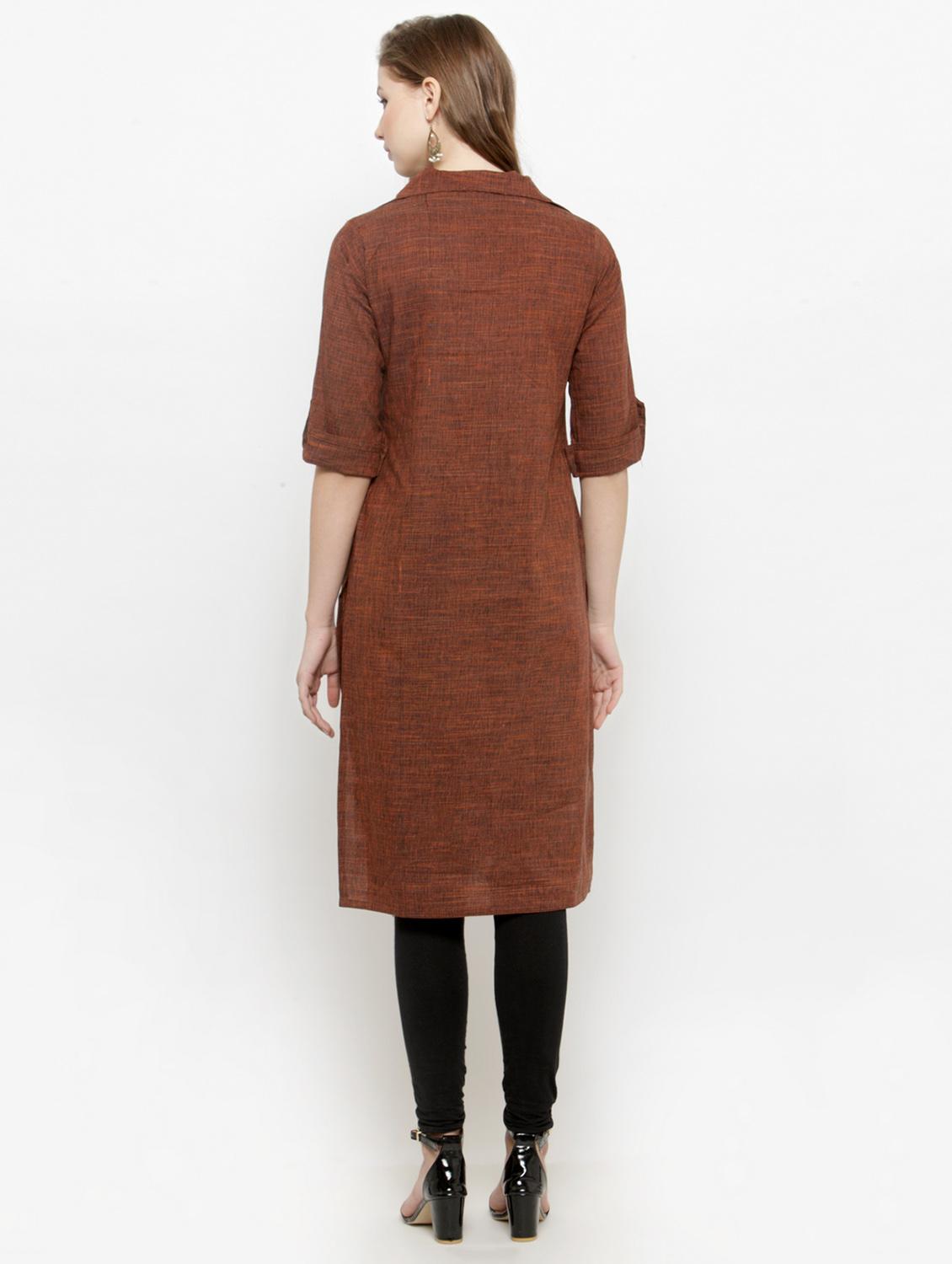 brown cotton straight kurta - 14789440 - Zoom Image - 3