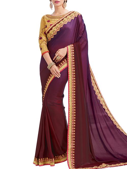 purple synthetic embroidered bordered saree with blouse - 14790982 - Standard Image - 1
