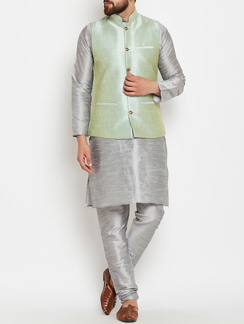 grey and light green dupion ethnic wear set - 14794187 - Standard Image - 1